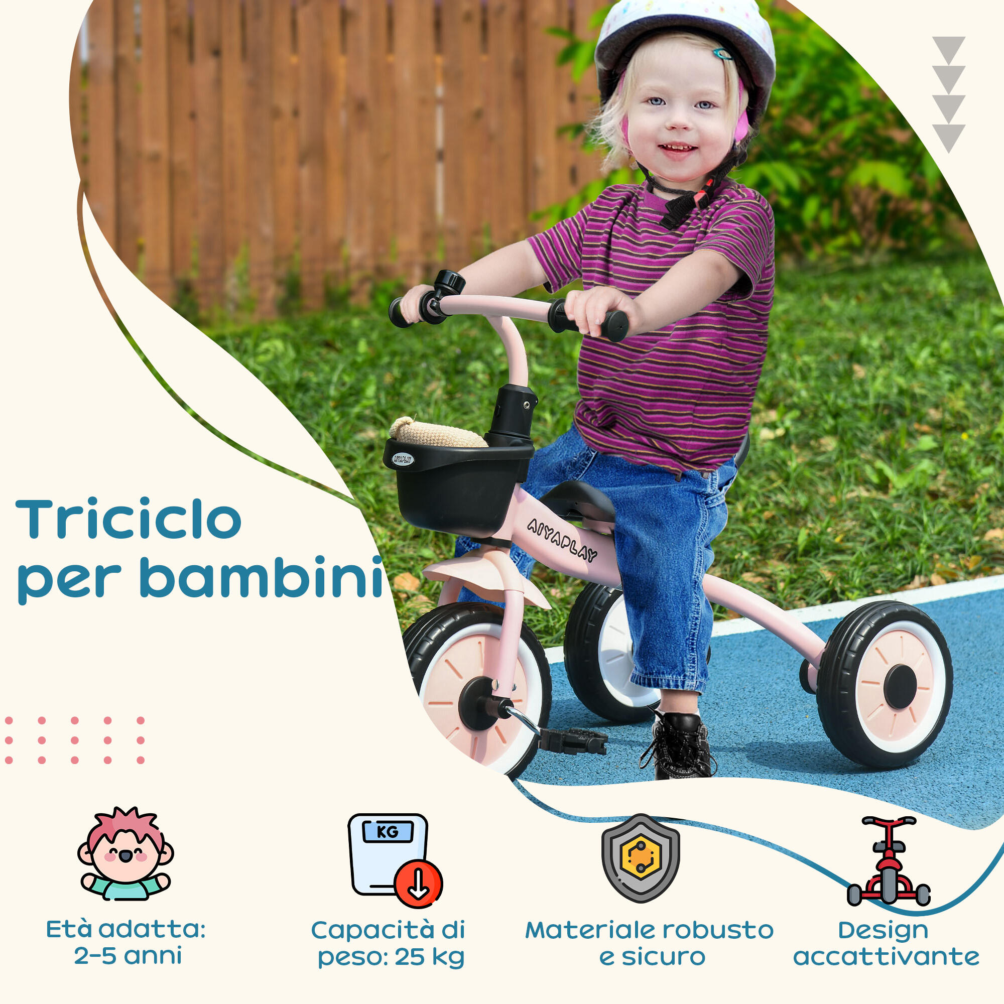 AIYAPLAY Triciclo per Bambini da 2-5 Anni con Cestino e Campanello Rosa 4/7