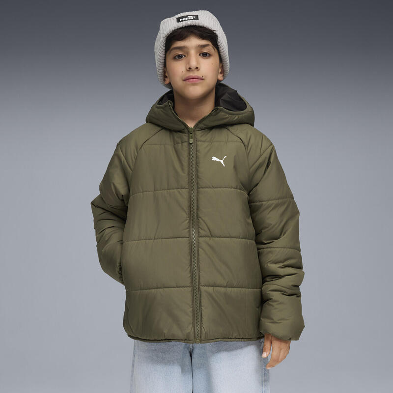 Geacă de vatelină copii reversibilă, glugă Loden Green, verde PUMA