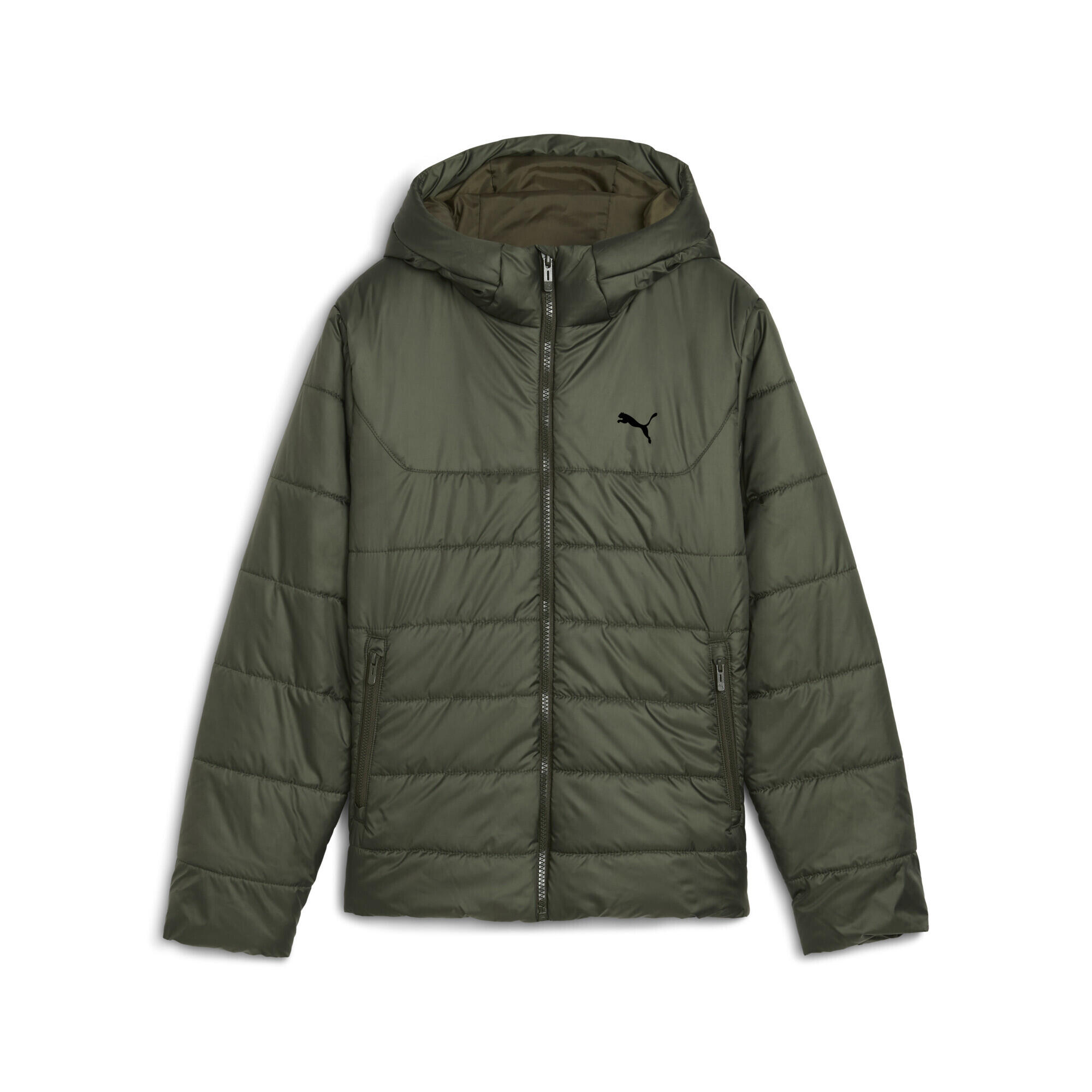 Młodzieżowa kurtka ocieplana Essentials z kapturem PUMA Dark Olive Green
