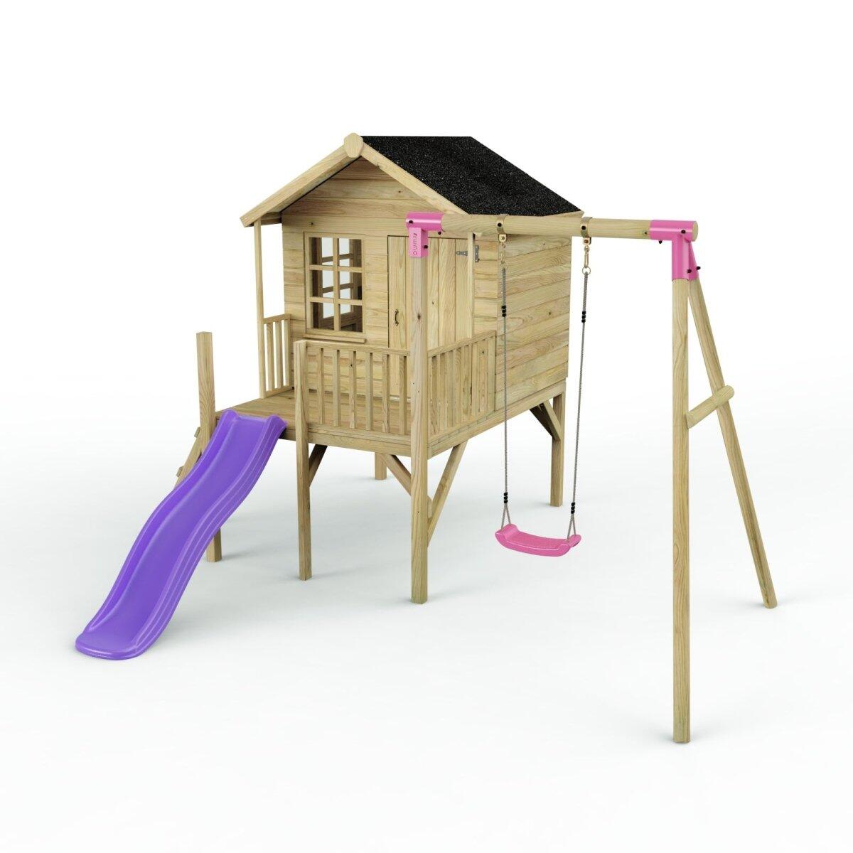 Rebo Playhouse and Single Swing Set with Slide Solar Purple