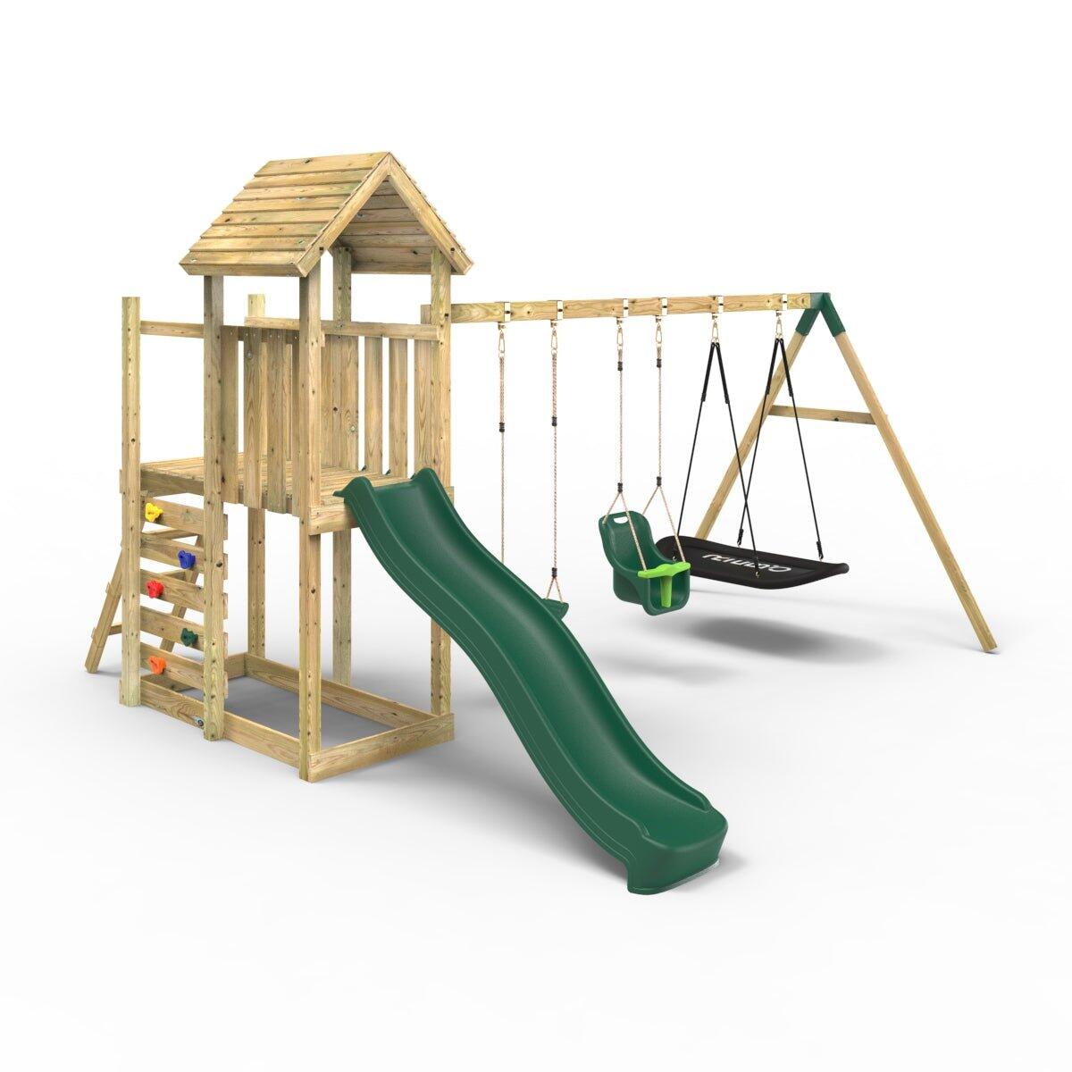 Rebo Extended Tower Wooden Climbing Frame with Swings Slide