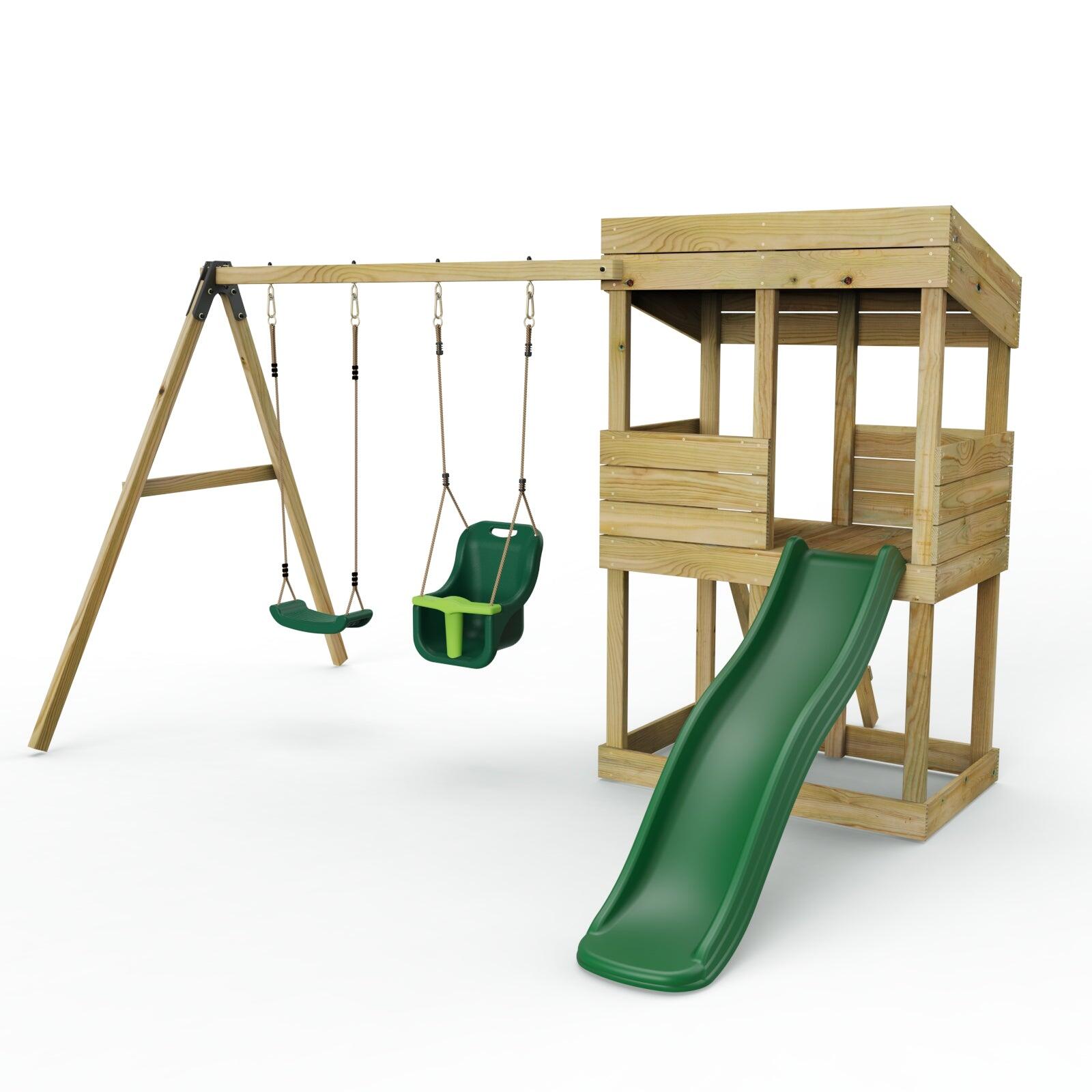 Rebo Wooden Lookout Tower Playhouse with 6ft Slide Swing