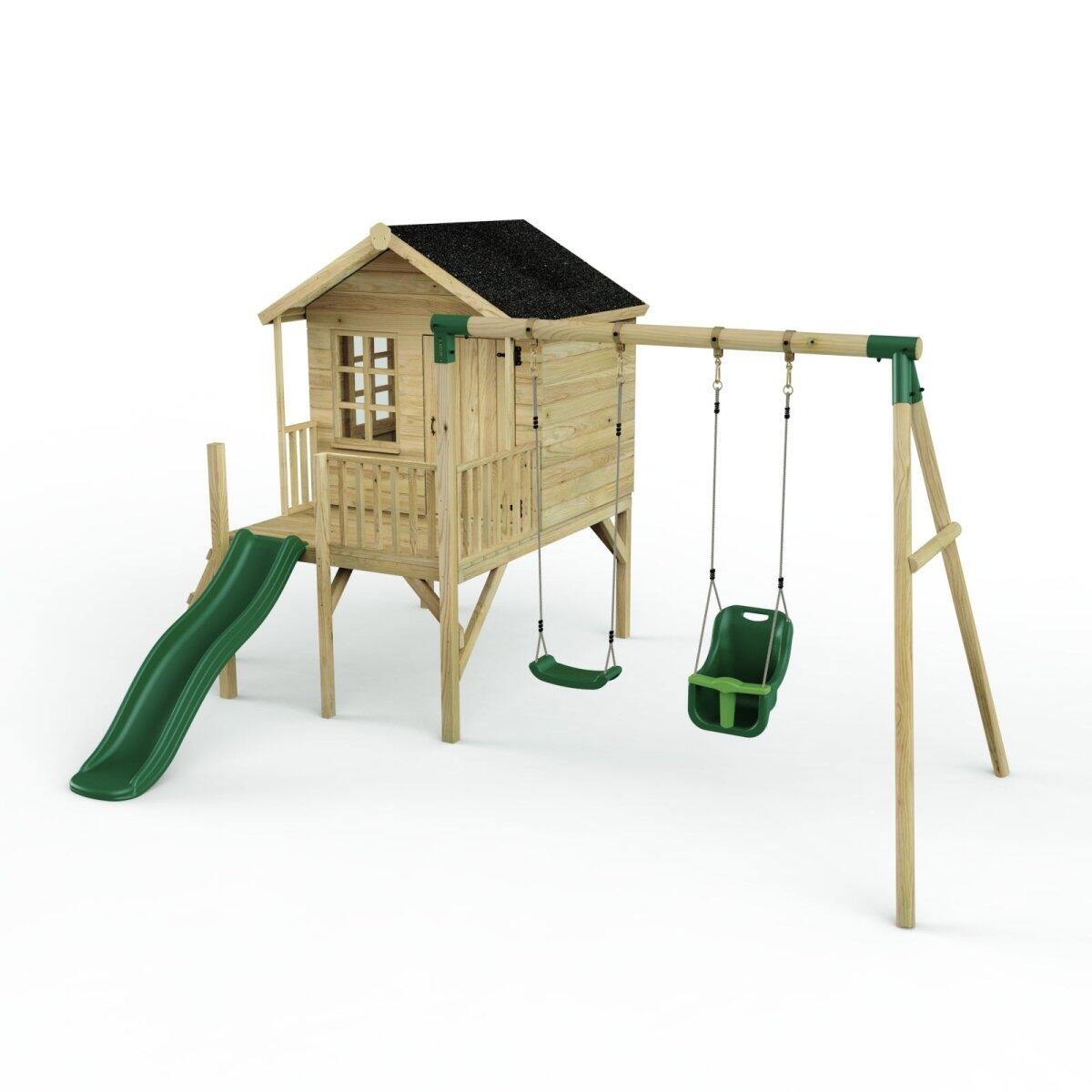 Rebo Playhouse and Double Swing Set with Slide Luna Green
