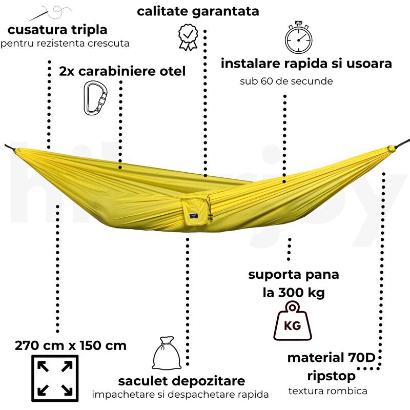 Hamac hikerjoy PRO, 270x150 cm, doua curele de prindere si doua carabine, galben