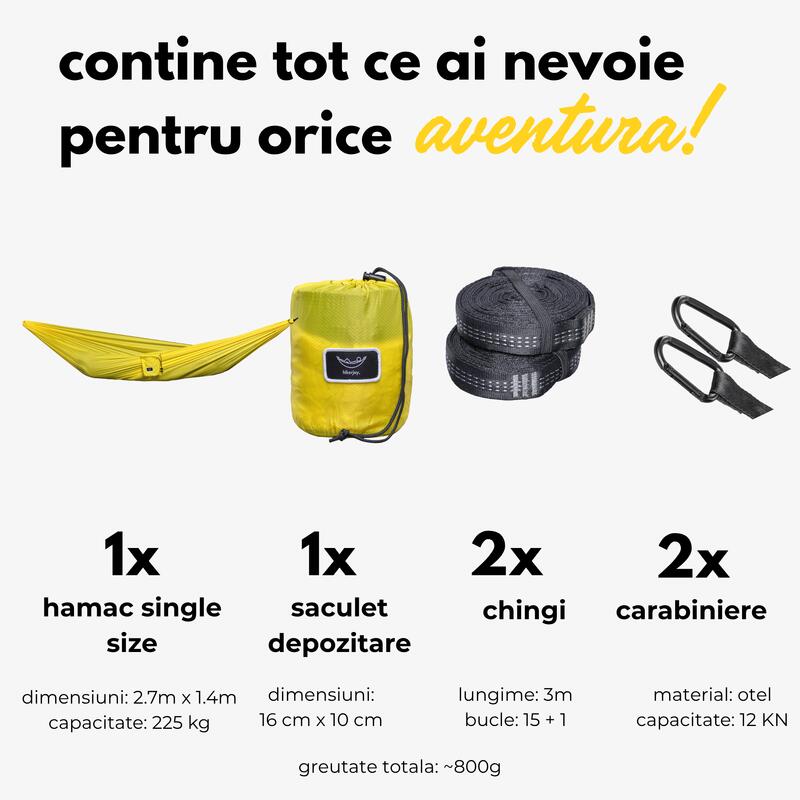 Hamac hikerjoy PRO, 270x150 cm, doua curele de prindere si doua carabine, galben
