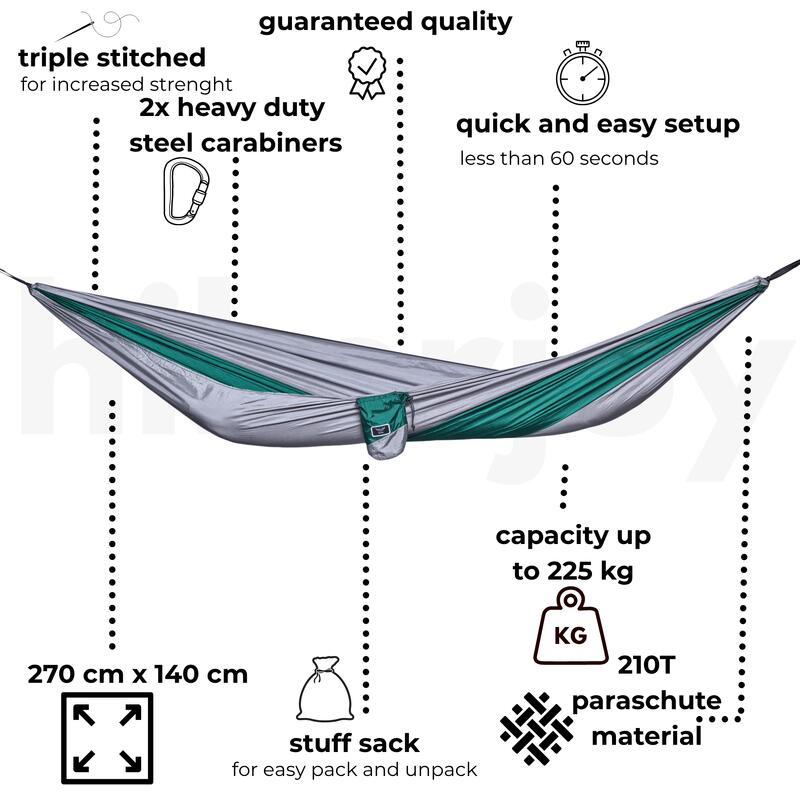 Hamac hikerjoy, 270x140 cm, curele prindere si carabine incluse, verde cu gri