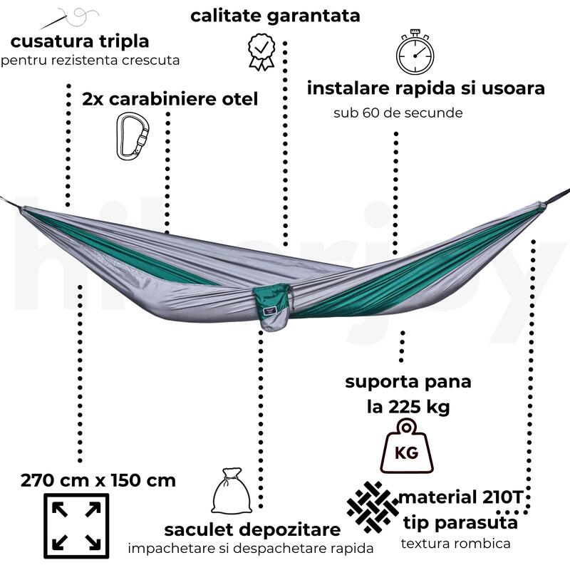 Hamac hikerjoy, 270x140 cm, curele prindere si carabine incluse, verde cu gri