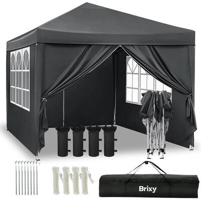Partytent 3x3m - easy up - opvouwbaar - met zijwanden - draagtas - antraciet