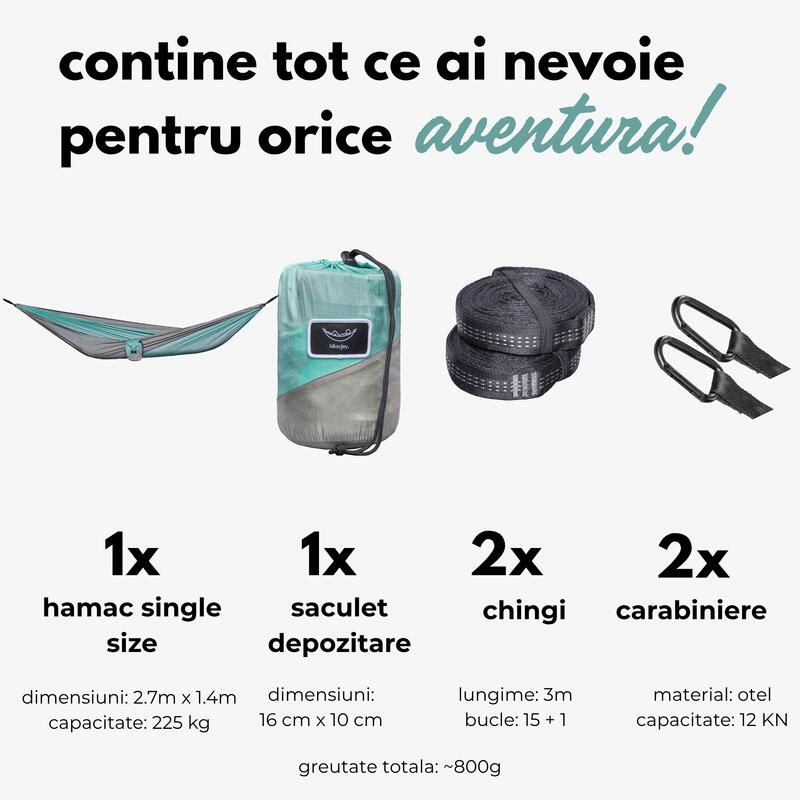 Hamac hikerjoy, usor, portabil, 270x140 cm, doua chingi si 2 carabine incluse