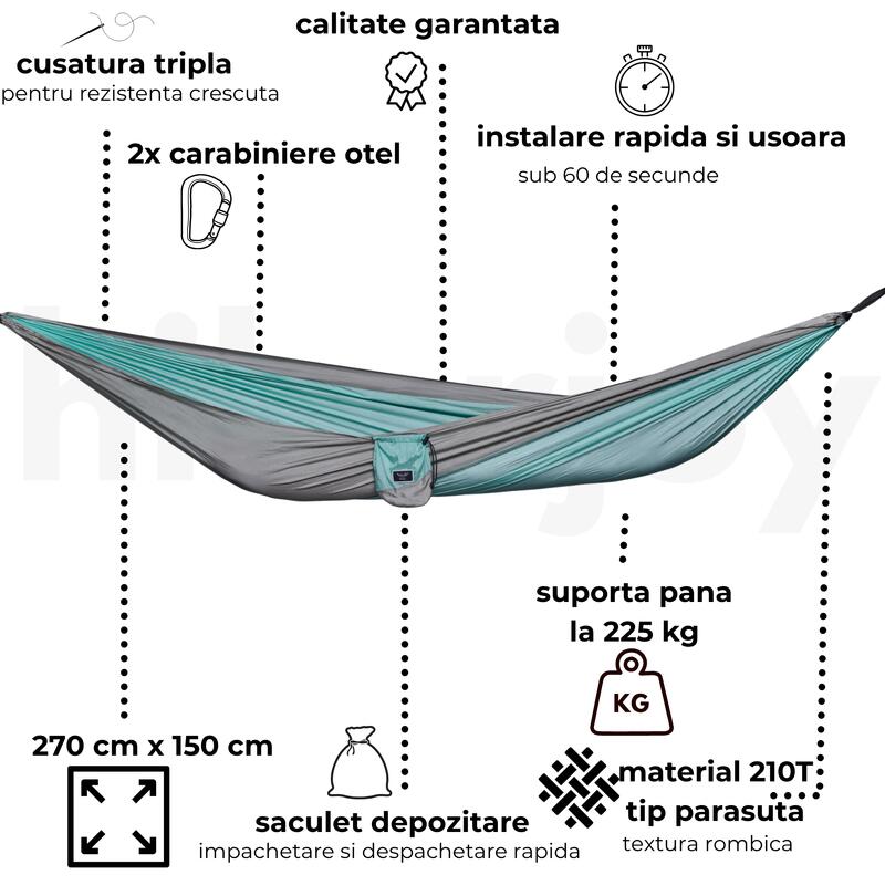 Hamac hikerjoy, usor, portabil, 270x140 cm, doua chingi si 2 carabine incluse