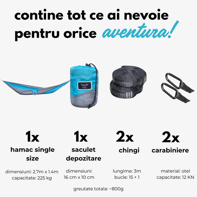 Hamac hikerjoy, material reciclat,  270x140 cm, curele prindere, albastru cu gri