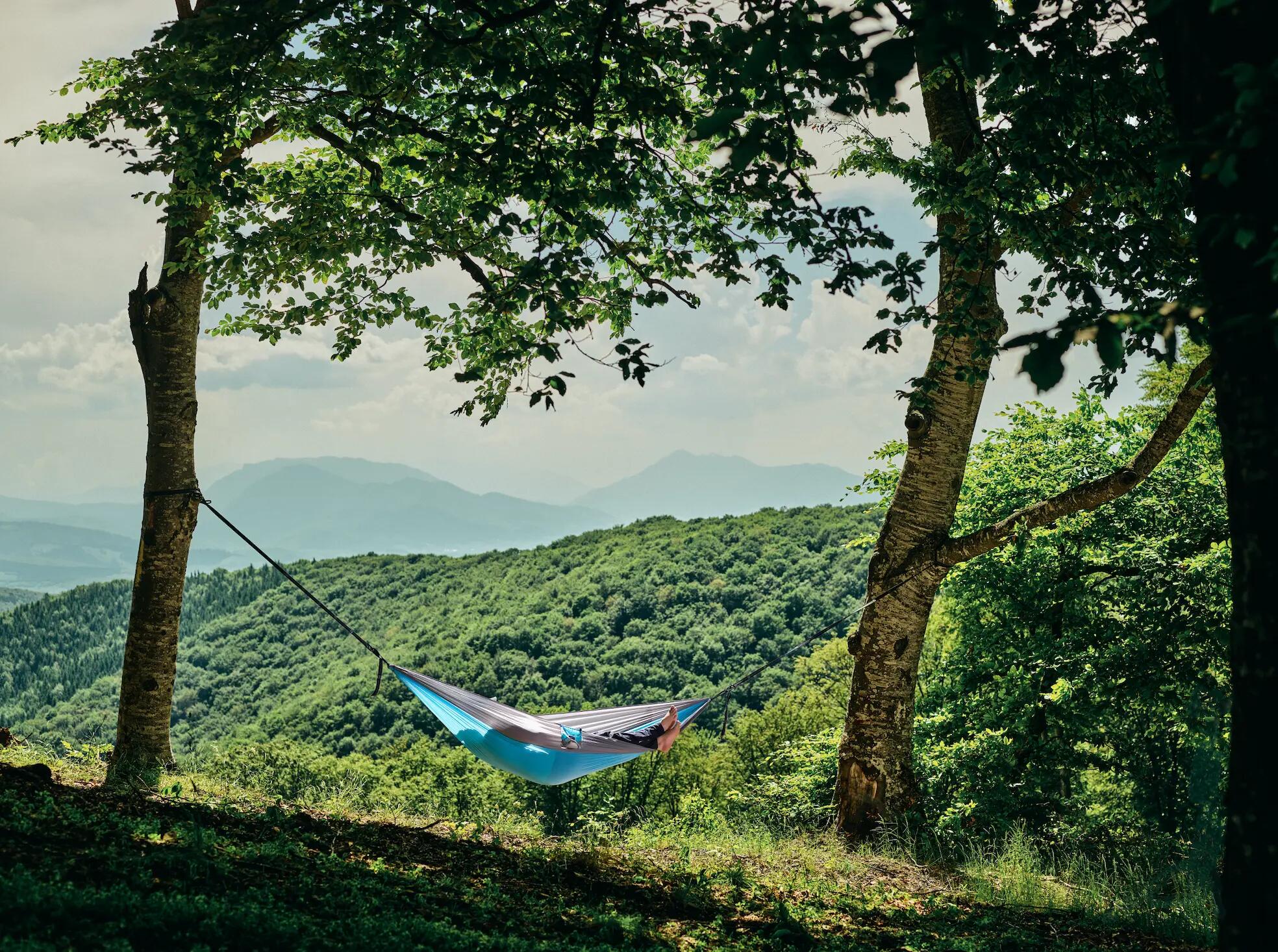 Hamac hikerjoy, material reciclat,  270x140 cm, curele prindere, albastru cu gri 7/7