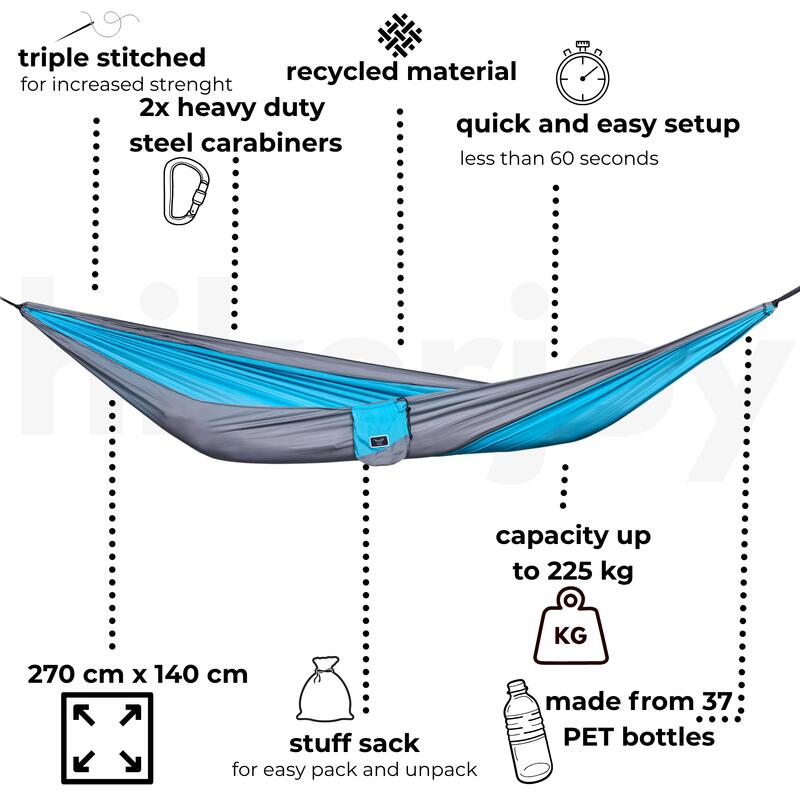 Hamac hikerjoy, material reciclat,  270x140 cm, curele prindere, albastru cu gri