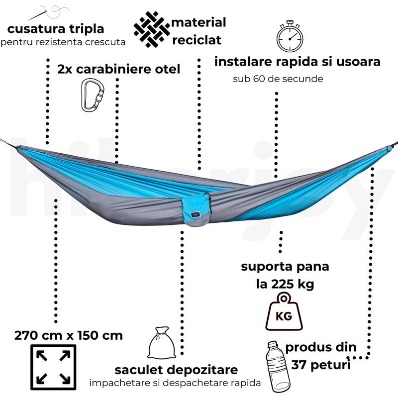 Hamac hikerjoy, material reciclat,  270x140 cm, curele prindere, albastru cu gri