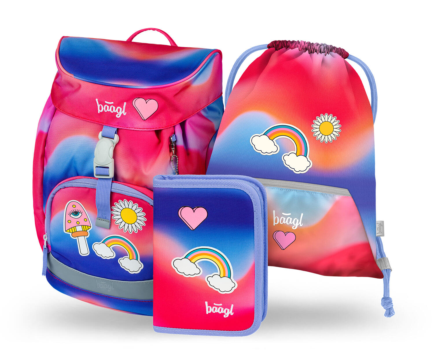 BAAGL Školní set AIRY Duha červený: batoh, penál, sáček