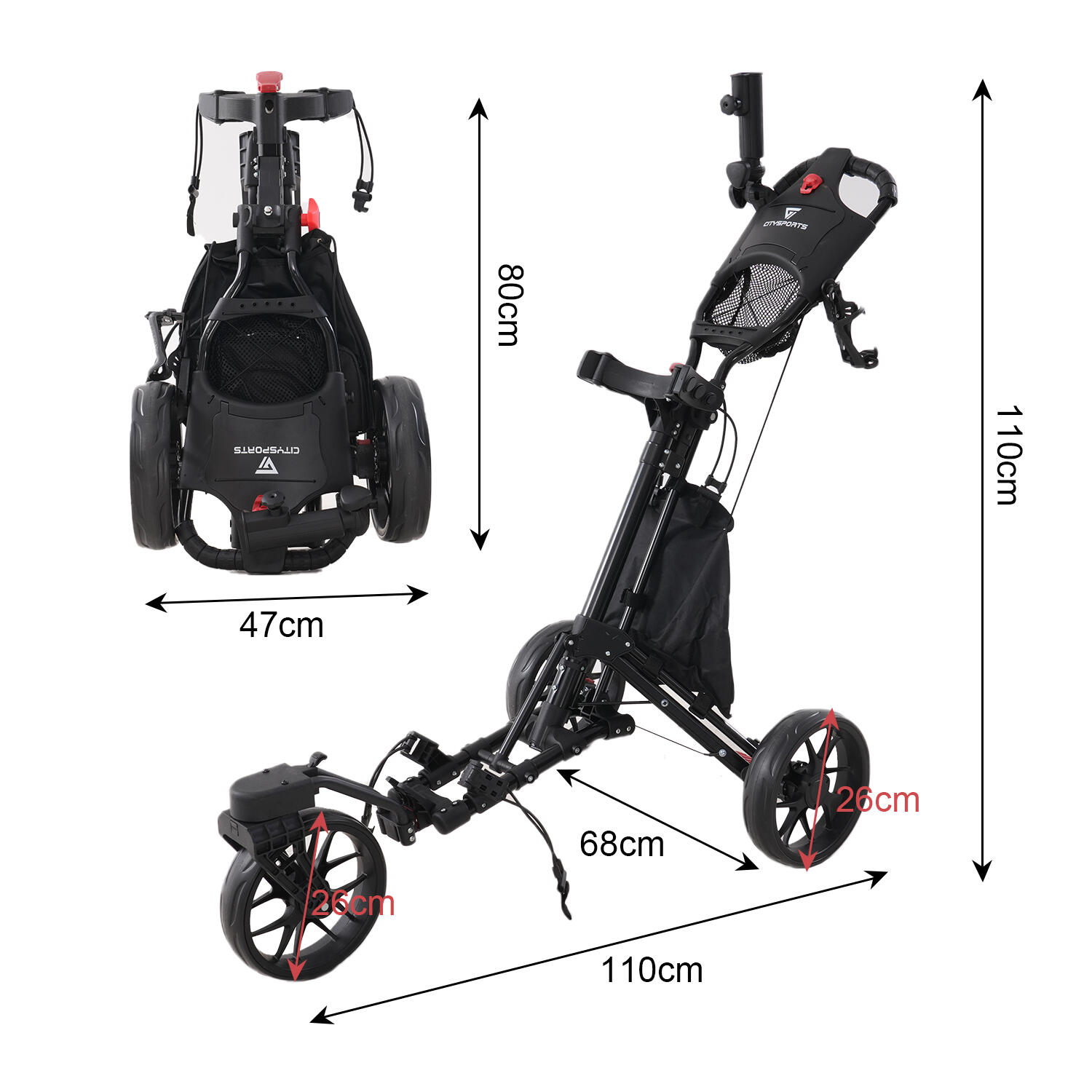 Chariot de Golf Pliable à 3 Roues, 360° Noir, BC3 6/7