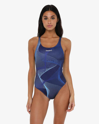 Marineblauw damesbadpak van synthetisch materiaal om in te zwemmen