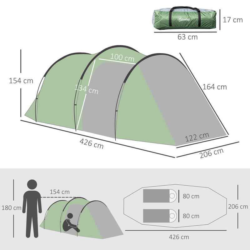 Outsunny Cort Camping 4 Persoane Vestibul Amplu Impermeabil Verde Inchis