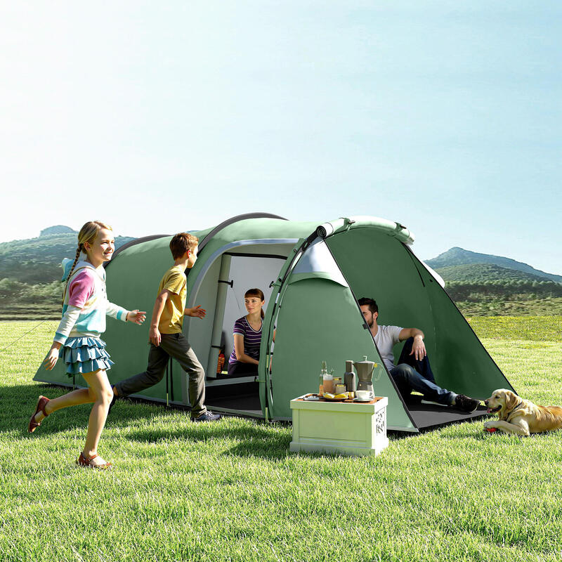 Outsunny Cort Camping 4 Persoane Vestibul Amplu Impermeabil Verde Inchis