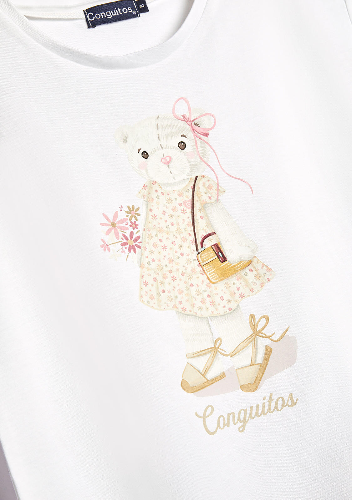Camiseta de Niña Estampado Osito Blanco 3/4