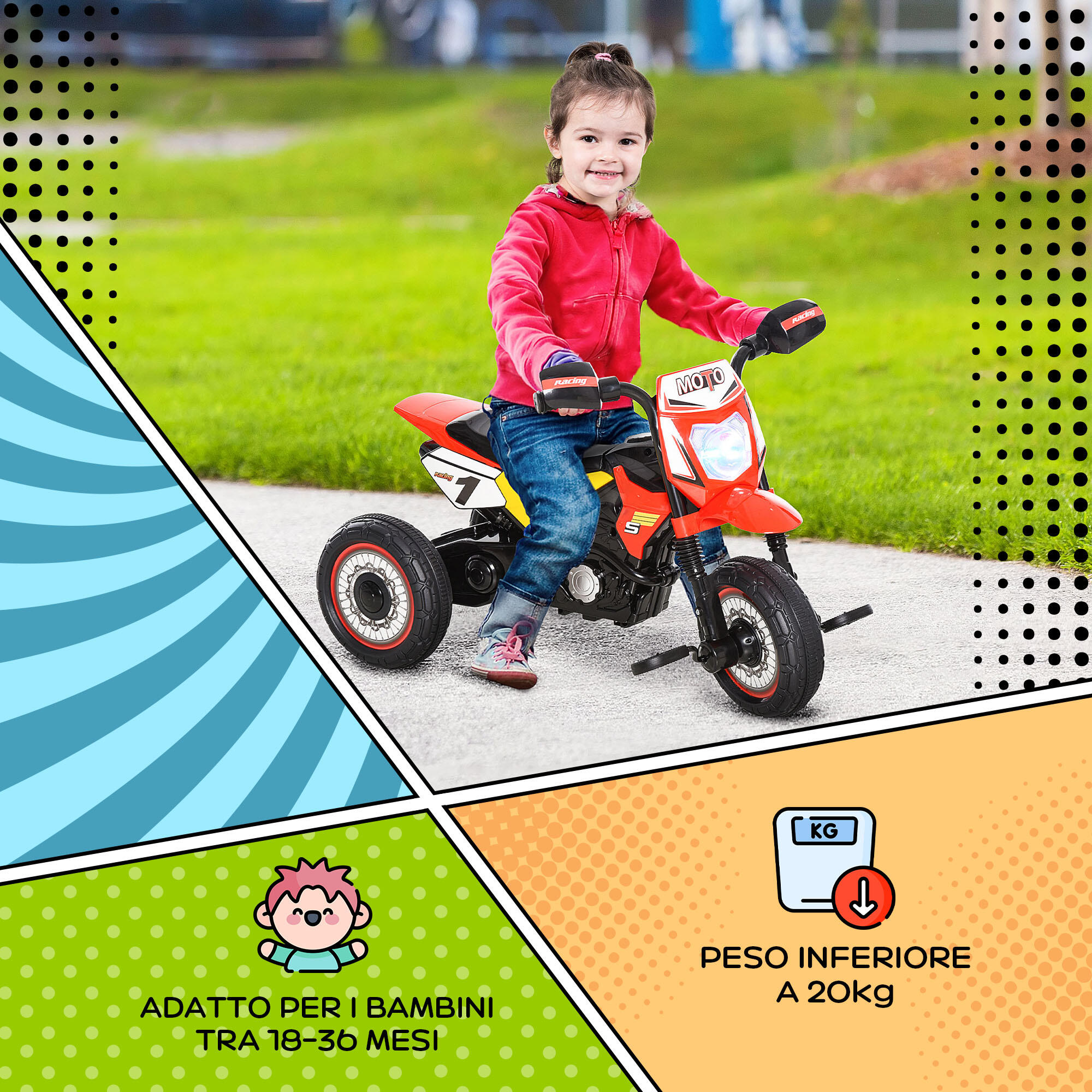 HOMCOM Triciclo per Bambini Stile Moto a Pedali con Luci e Suoni Età 18-36 Mesi 6/7