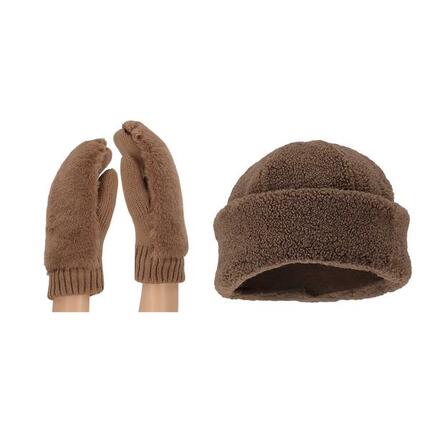 Teddy-Fäustlinge und Mütze für Damen – Einheitsgröße – Taupe