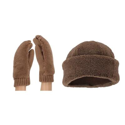 Dames teddy wanten en muts - one size - taupe