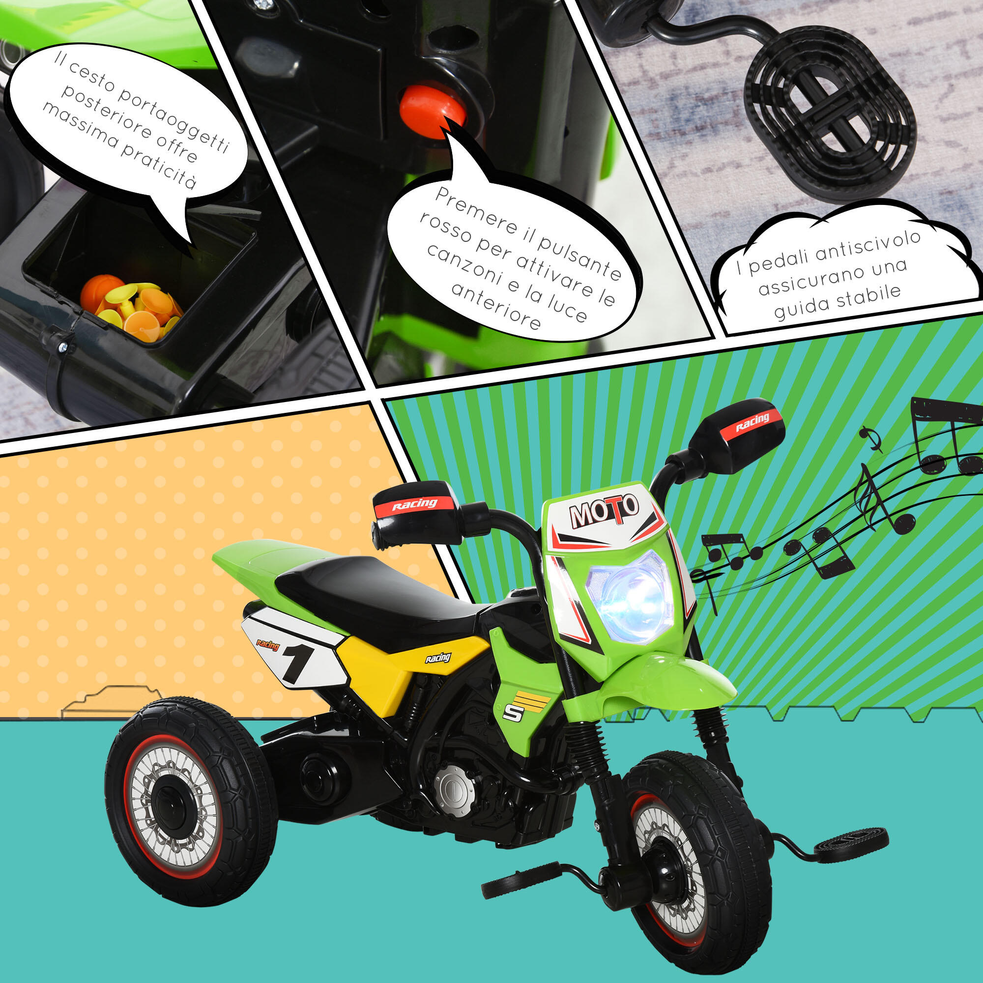 HOMCOM Triciclo per Bambini Stile Moto a Pedali con Luci e Suoni Età 18-36 Mesi 5/7