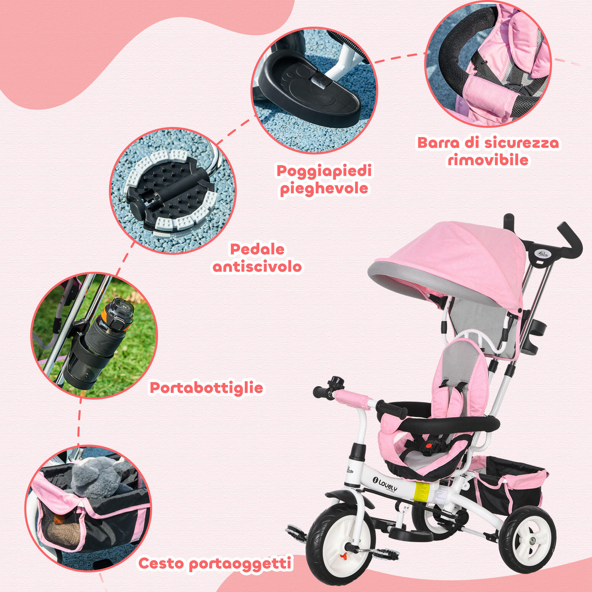 HOMCOM Triciclo per Bambini con Maniglione Cintura di Sicurezza 1-5 Anni Rosa 6/7
