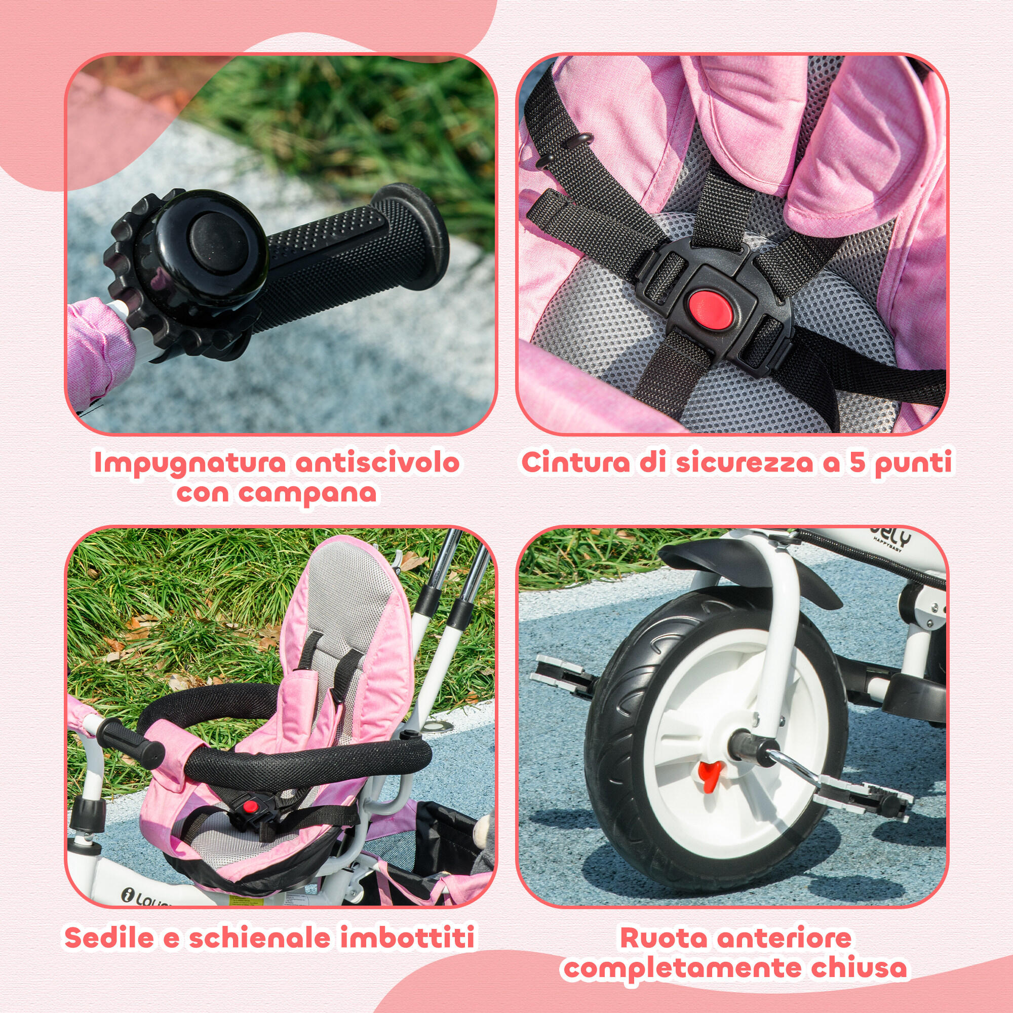 HOMCOM Triciclo per Bambini con Maniglione Cintura di Sicurezza 1-5 Anni Rosa 7/7
