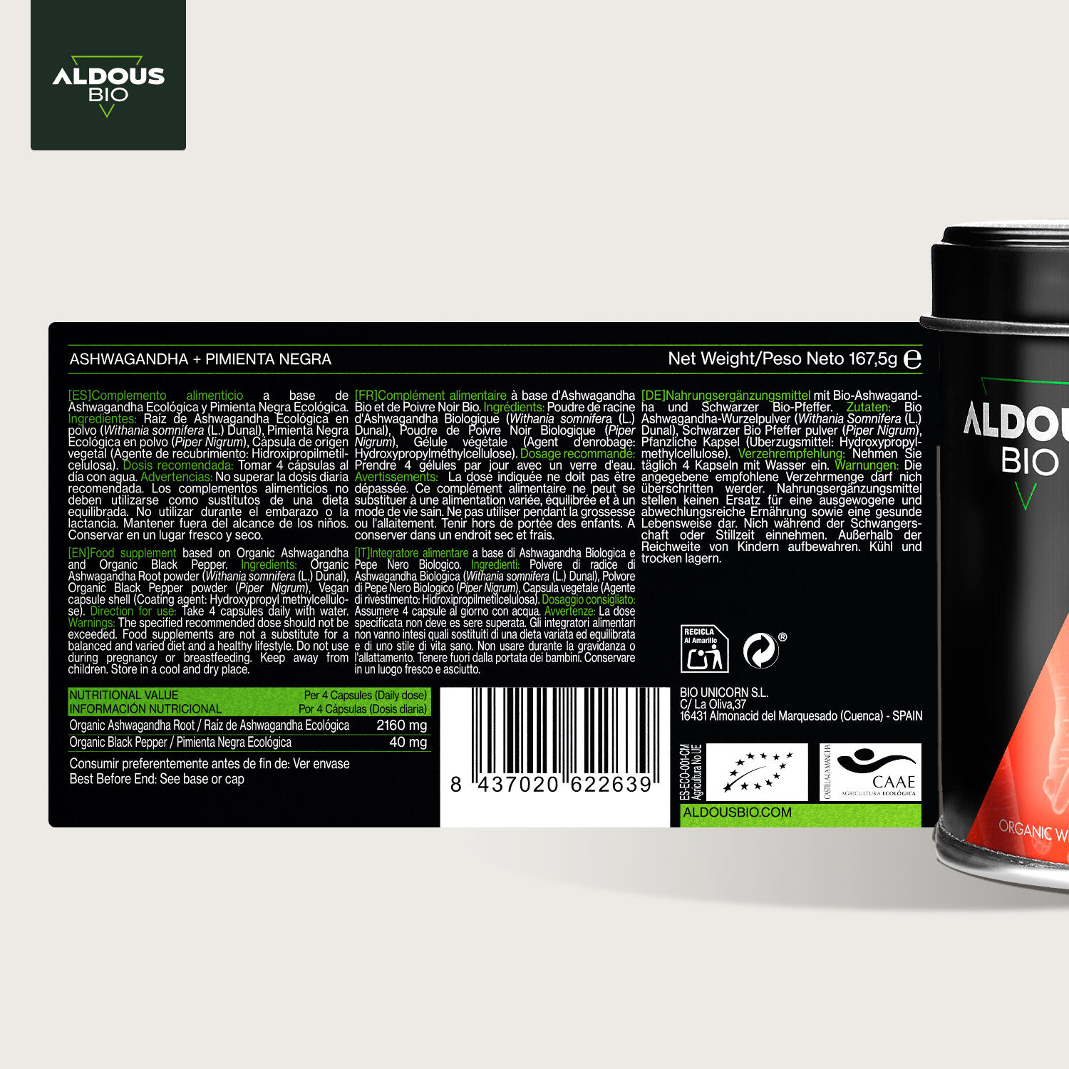Ashwagandha con Pimienta Negra Ecológica Aldous Bio | 250 cápsulas 6/7