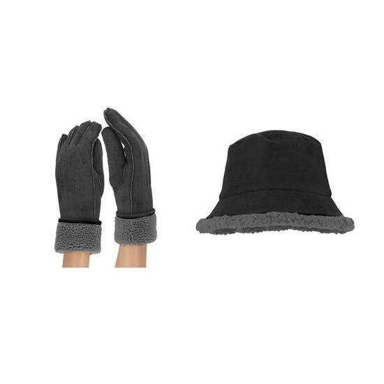Guanti e cappello da pescatore - Pelle scamosciata - Nero