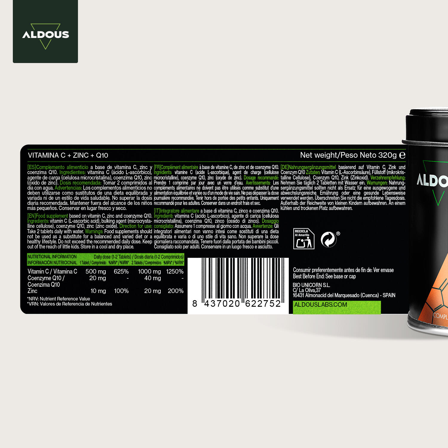 Vitamine C avec zinc et coenzyme Q10 - 400 comprimés - Aldous 6/6