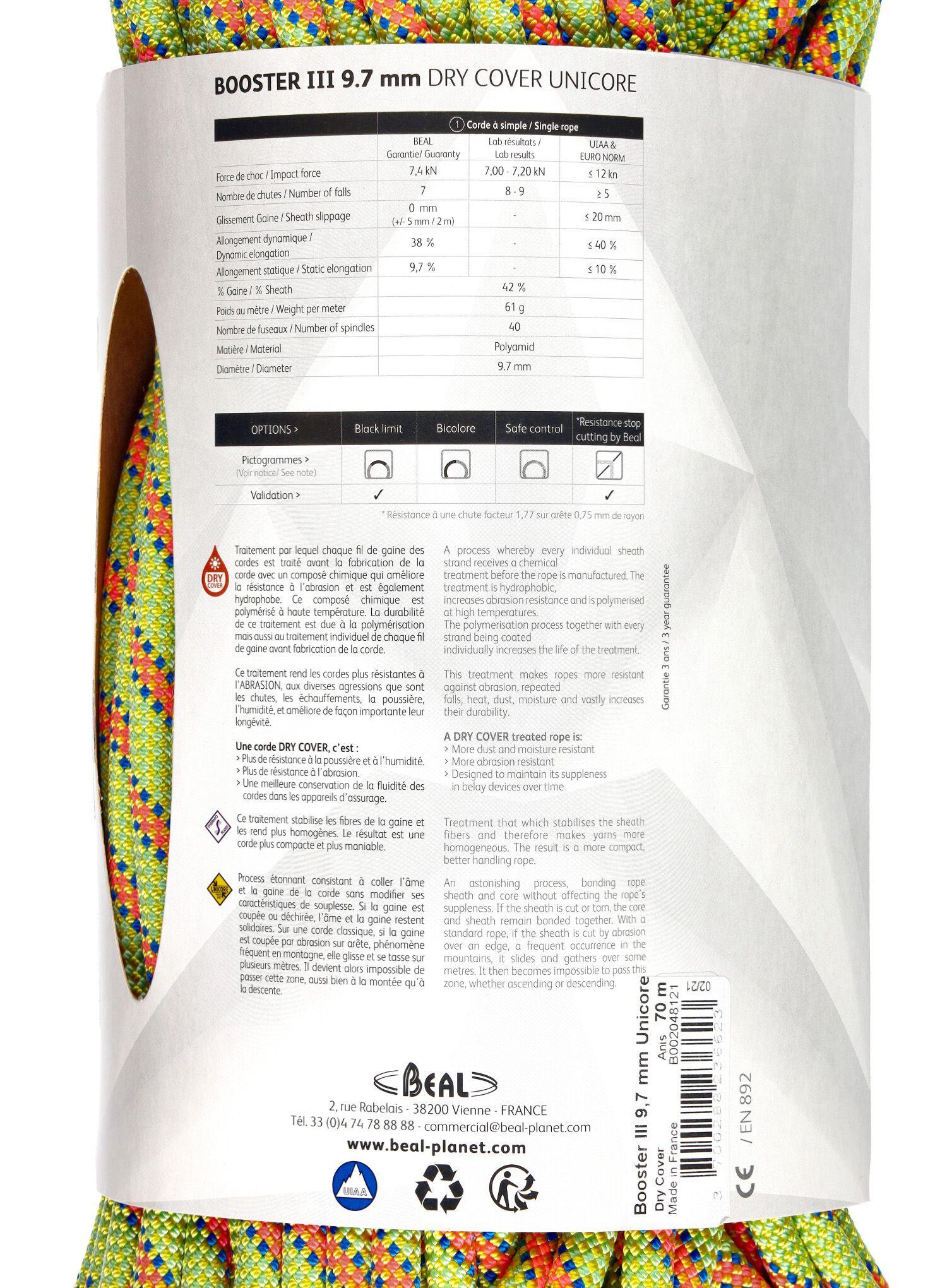 Climbing Rope Beal Booster III 9.7 mm 70 m Dry Cover Unicore 4/6