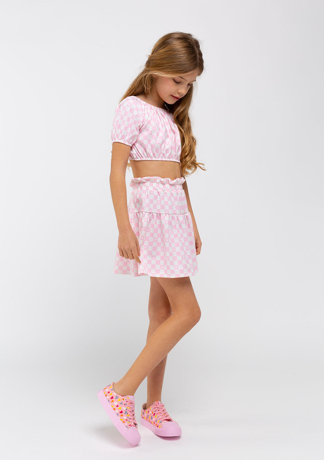 Falda Niña Estampado Cuadros En Rosa 3/4