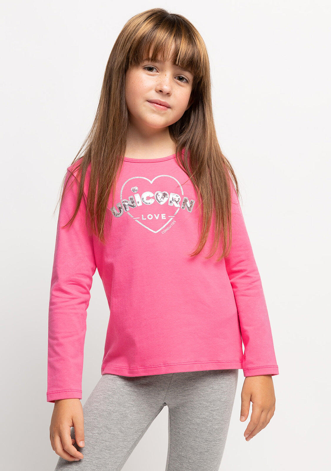 Camiseta de Niña de Manga Larga en Rosa con Estampado de Lentejuelas 3/4