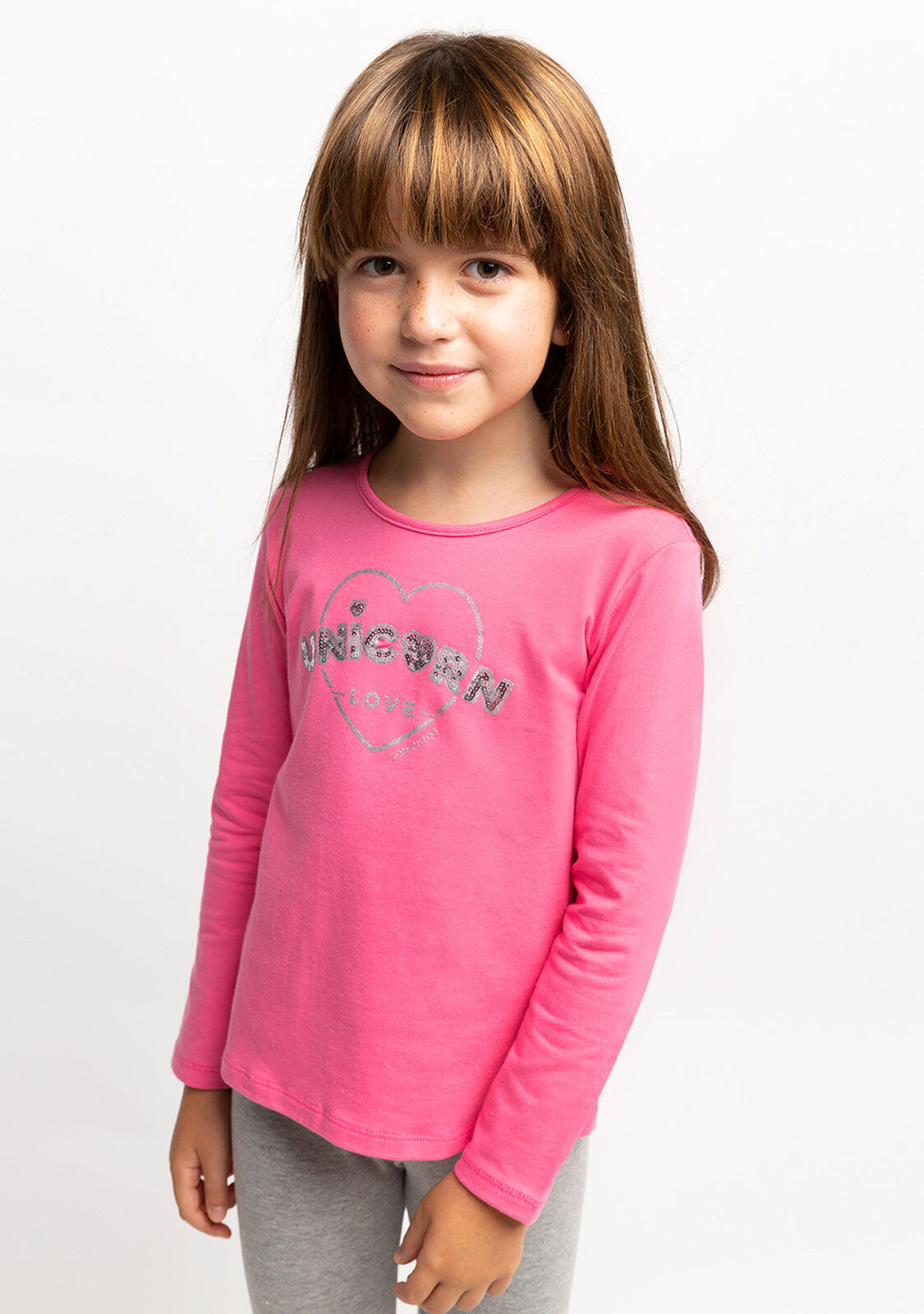 Camiseta de Niña de Manga Larga en Rosa con Estampado de Lentejuelas 2/4
