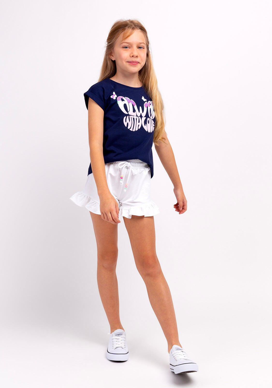 Camiseta Niña Estampado Mariposas En Azul Marino 3/4