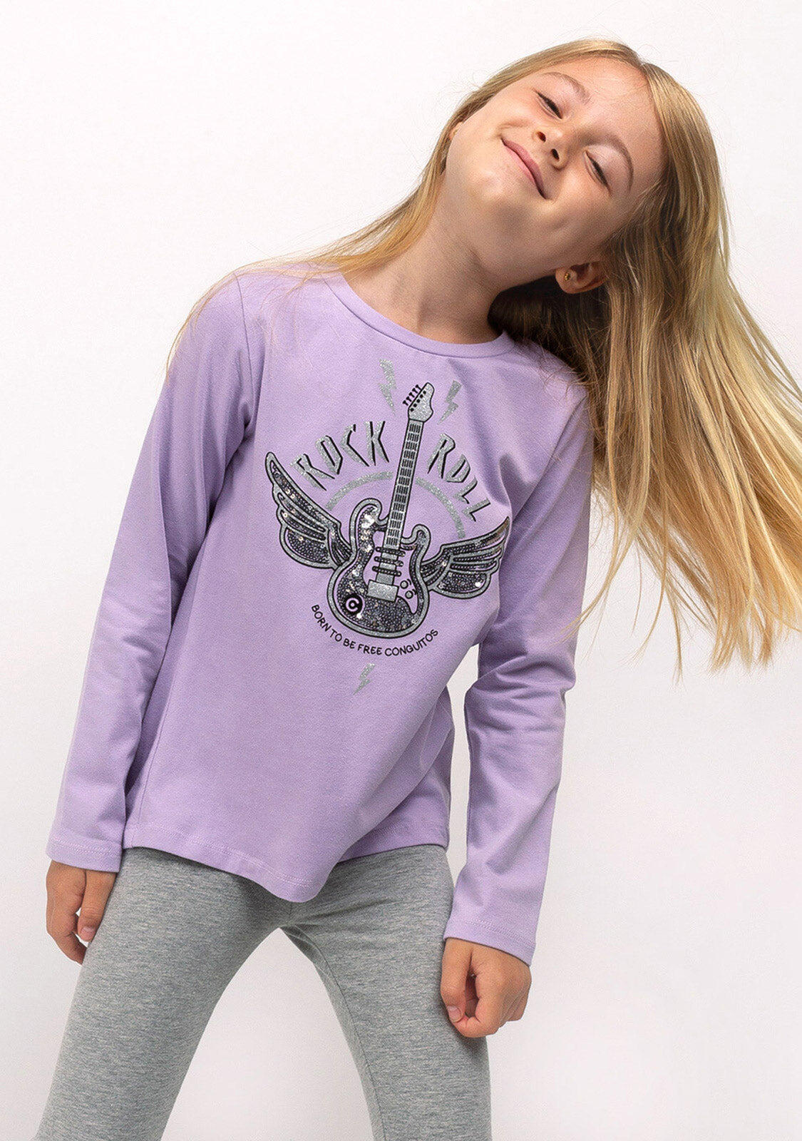 Camiseta de Niña de Manga Larga en Morado Malva 3/4
