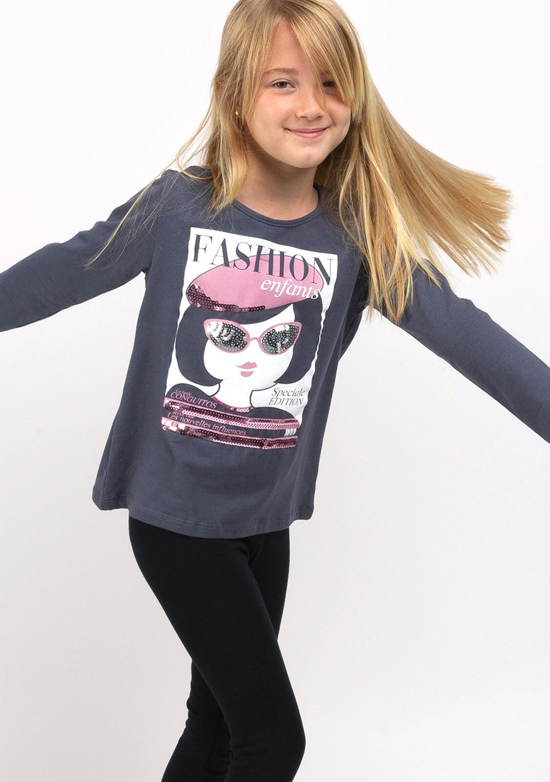 Camiseta de Niña de Manga Larga en Gris Marengo 3/4