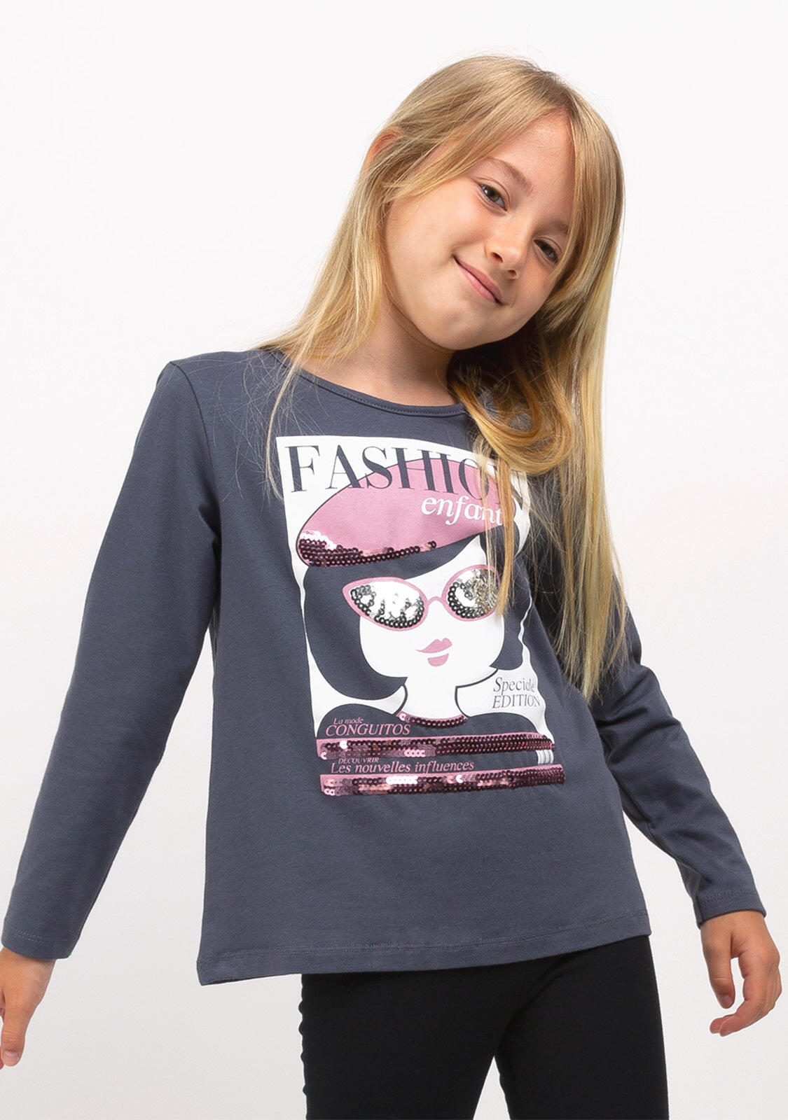 Camiseta de Niña de Manga Larga en Gris Marengo 2/4