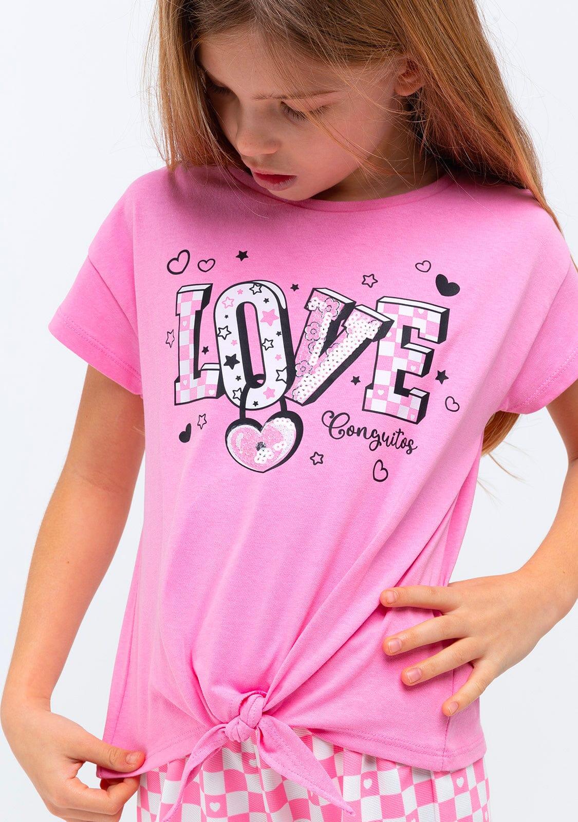 Camiseta Niña Estampado Anudado En Rosa 3/4