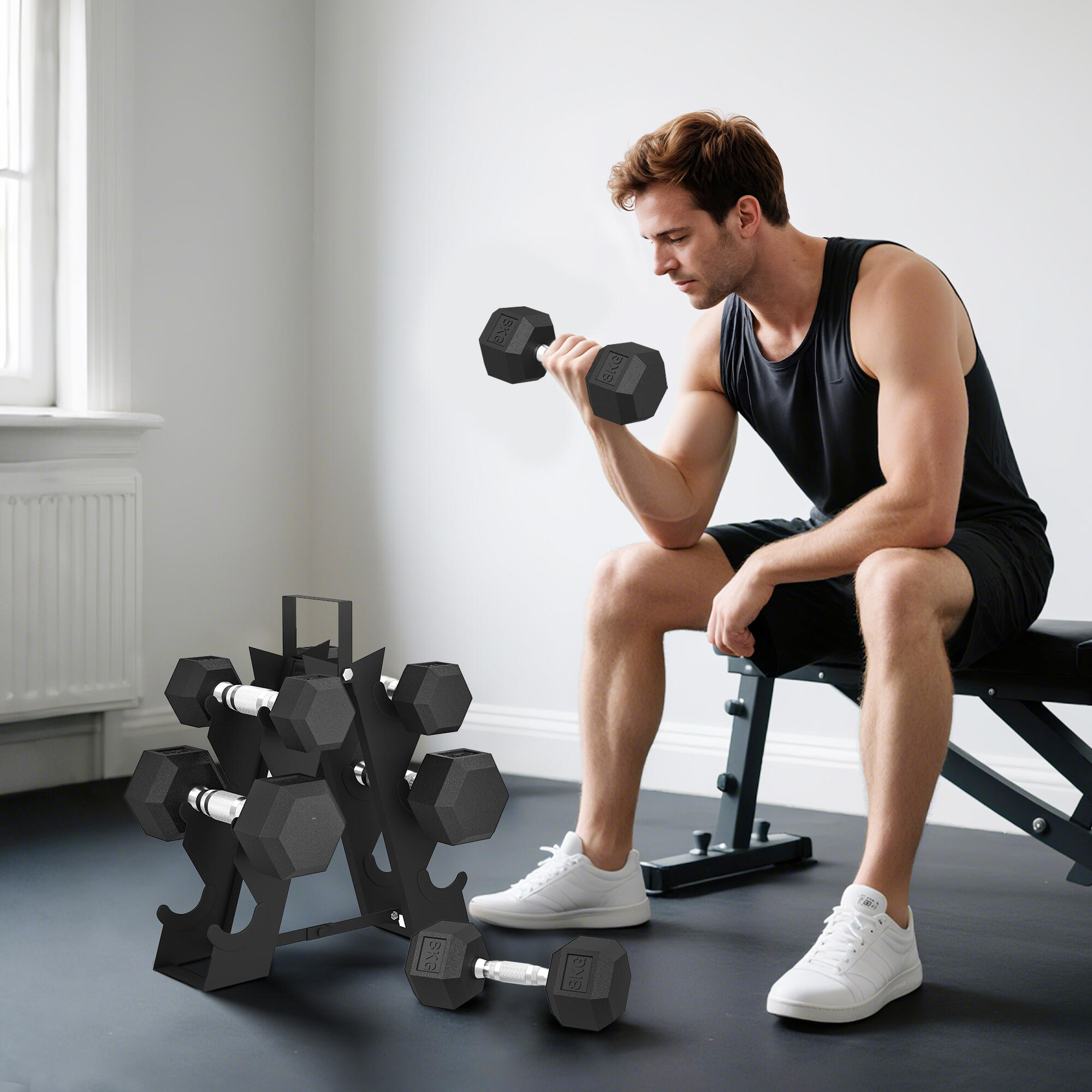 Ensemble d'haltères de musculation avec support en métal et poignées antidérapan 3/9