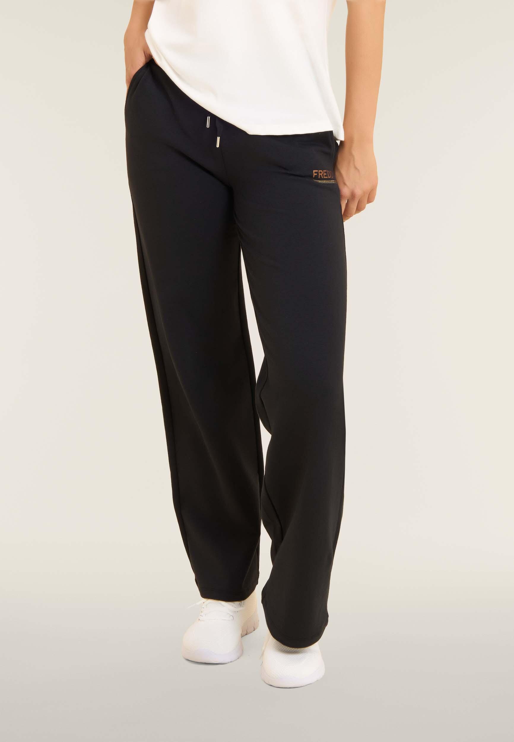 Pantaloni wide leg da donna con logo in strass bicolore 3/4