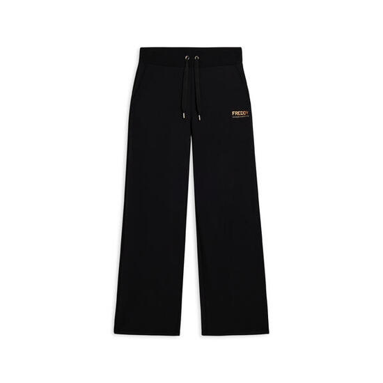 Pantaloni wide leg da donna con logo in strass bicolore