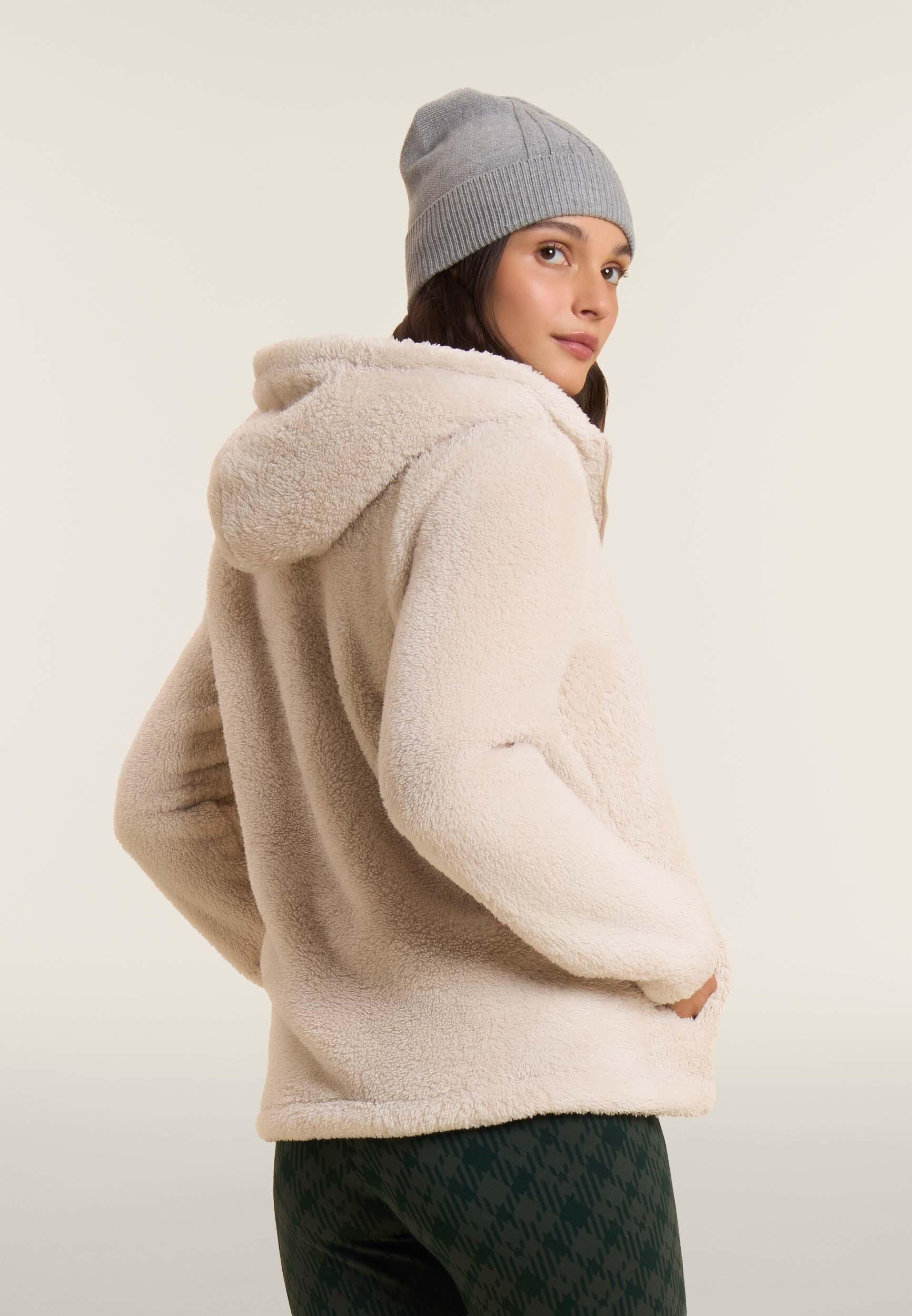 Felpa in pile sherpa con cappuccio e zip 3/4