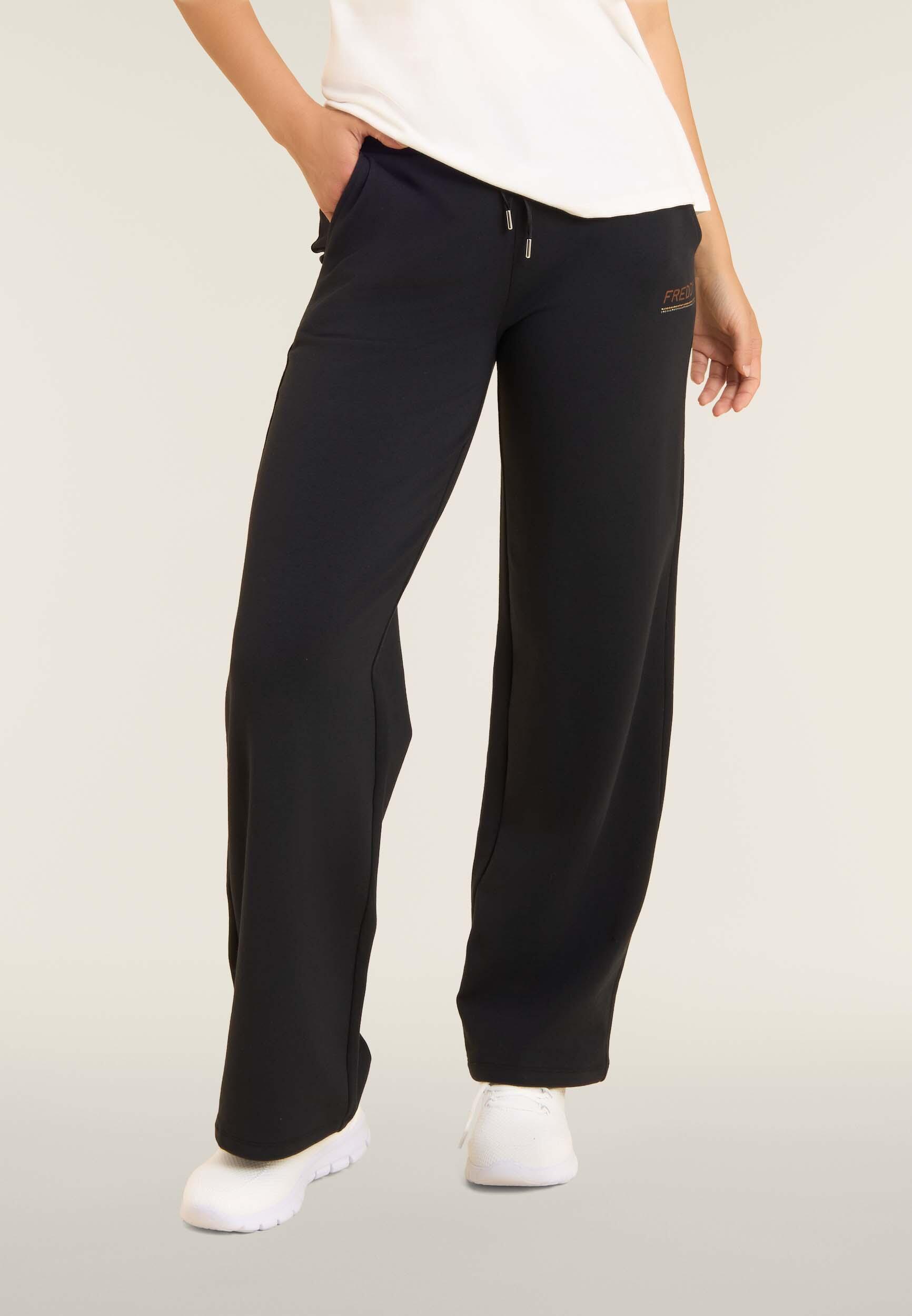 Pantaloni wide leg da donna con logo in strass bicolore 2/4