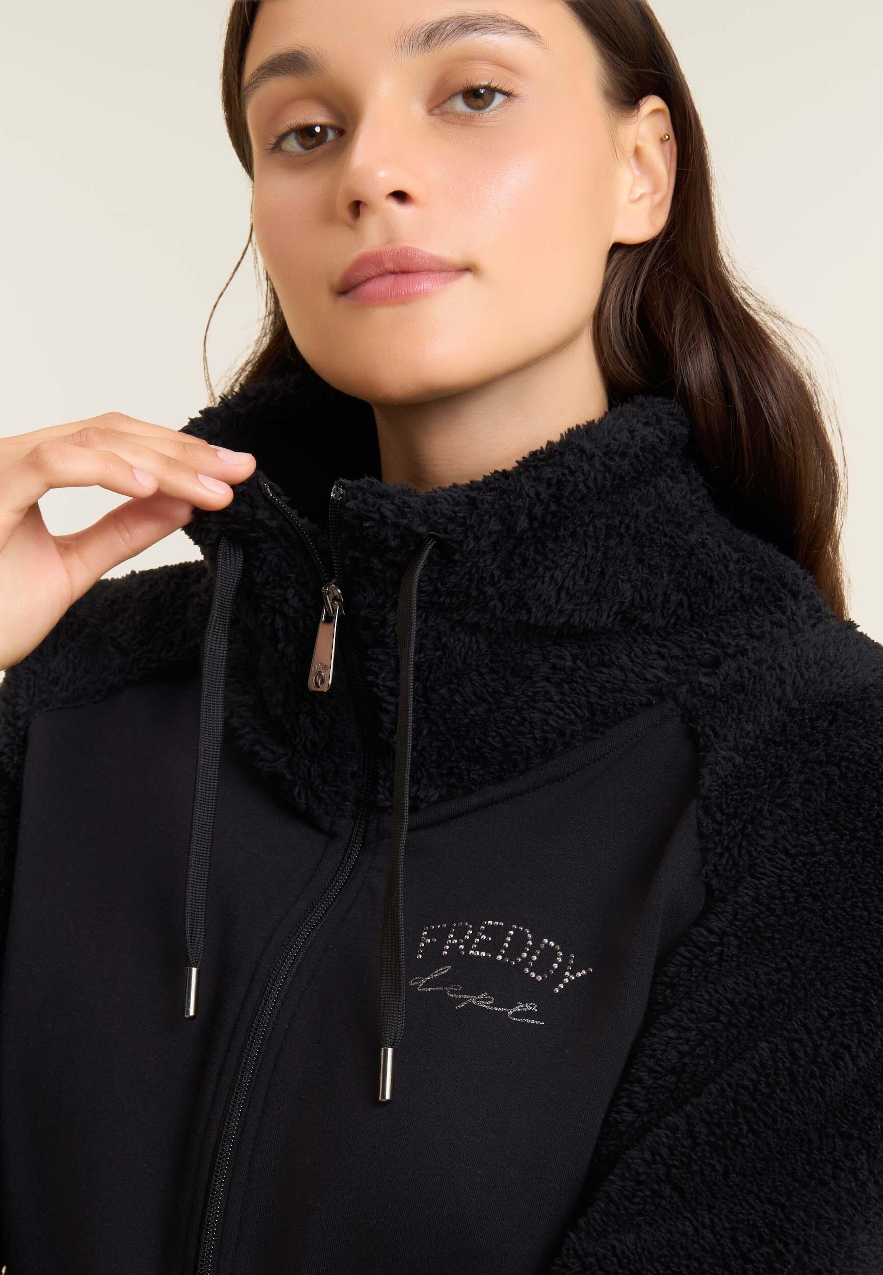Felpa con zip e collo alto, maniche e collo in pile sherpa 3/4