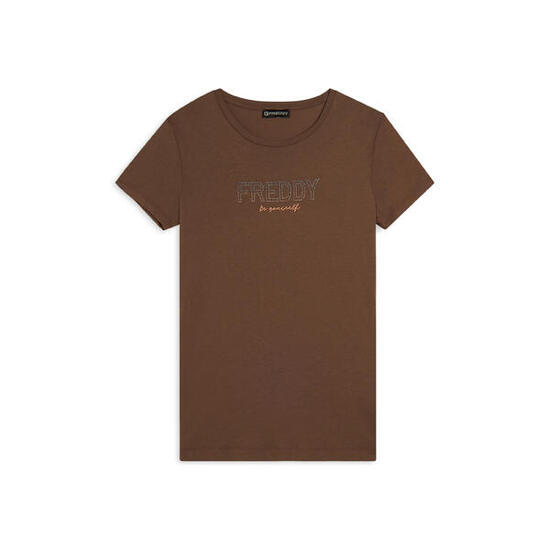 T-shirt donna con mini spacchi laterali e logo in strass