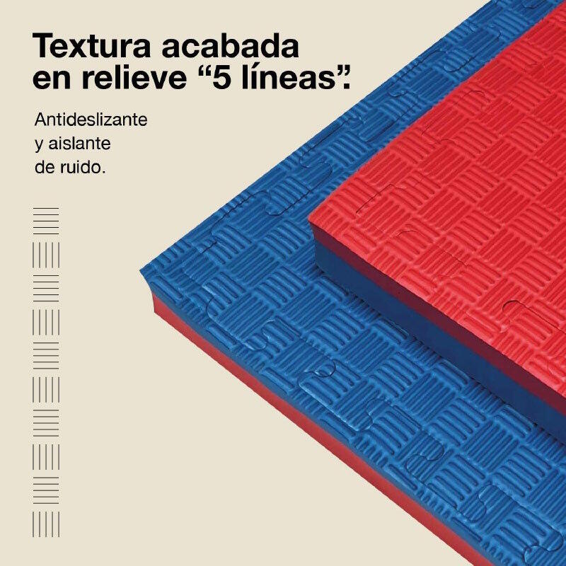 Tatami puzzle 1x1m 4 cm, Modelo 5 líneas Azul/Rojo, Goma EVA Reversible 4/7